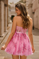 Laden Sie das Bild in den Galerie-Viewer, Rosa Blume A-Linie Korsett Trägerloses Kurzes Cocktailkleid