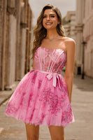 Laden Sie das Bild in den Galerie-Viewer, Rosa Blume A-Linie Korsett Trägerloses Kurzes Cocktailkleid