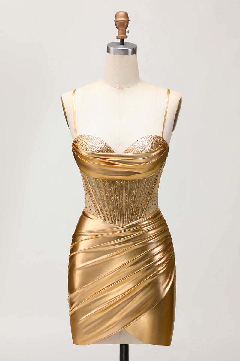 Laden Sie das Bild in den Galerie-Viewer, Metallic Satin Gerafftes Goldenes Figurbetontes Korsett Abiballkleid mit Perlen