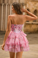 Laden Sie das Bild in den Galerie-Viewer, A-Linie Trägerloses Korsett Gestuftes Rosa Blume Kurzes Cocktailkleid
