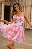 Laden Sie das Bild in den Galerie-Viewer, Rosa Geblümtes Trägerloses A-Linie Korsett Gestuftes Kurzes Cocktailkleid