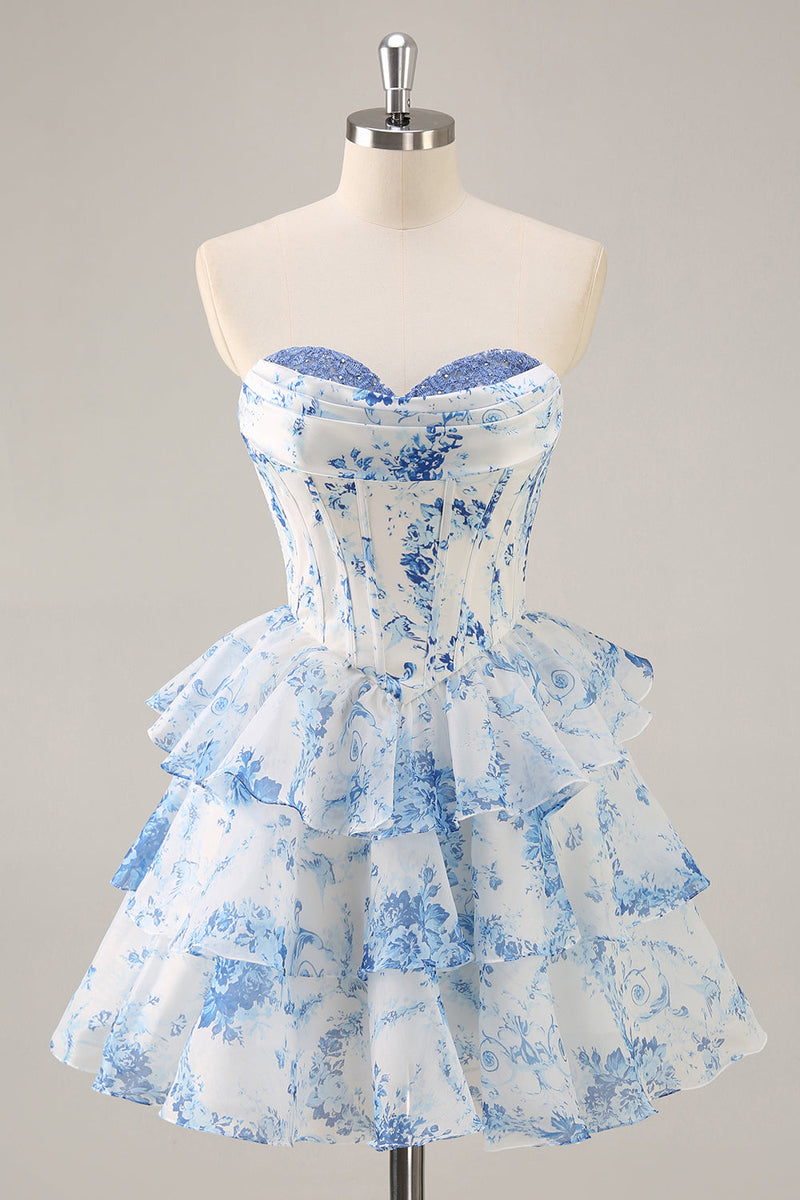 Laden Sie das Bild in den Galerie-Viewer, Blue Floral Print Corset Homecoming Dress