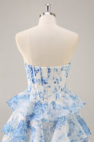 Laden Sie das Bild in den Galerie-Viewer, Weißes Blaues Blumen Korsett Gestuftes Kurzes Cocktailkleid