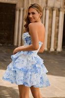 Laden Sie das Bild in den Galerie-Viewer, A-Linie Wasserfallausschnitt Gestuftes Trägerloses Korsett Cocktailkleid mit Blumendruck