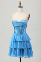 Laden Sie das Bild in den Galerie-Viewer, Blaues Gestuftes Korsett A-Linie Trägerloses Kurzes Abiballkleid