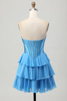 Laden Sie das Bild in den Galerie-Viewer, Blaues Gestuftes Korsett A-Linie Trägerloses Kurzes Abiballkleid