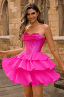 Laden Sie das Bild in den Galerie-Viewer, Trägerloses Fuchsia Korsett Gestuftes A-Linien Kurzes Cocktailkleid