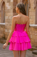 Laden Sie das Bild in den Galerie-Viewer, Trägerloses Fuchsia Korsett Gestuftes A-Linien Kurzes Cocktailkleid