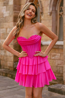 Laden Sie das Bild in den Galerie-Viewer, Trägerloses Fuchsia Korsett Gestuftes A-Linien Kurzes Cocktailkleid