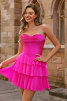 Laden Sie das Bild in den Galerie-Viewer, Trägerloses Fuchsia Korsett Gestuftes A-Linien Kurzes Cocktailkleid