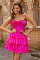 Laden Sie das Bild in den Galerie-Viewer, Trägerloses Fuchsia Korsett Gestuftes A-Linien Kurzes Cocktailkleid