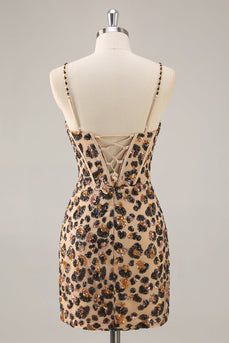 Kahki Leopard Korsett Bodycon Kurzes Abiballkleid mit Pailletten