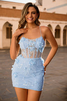 Laden Sie das Bild in den Galerie-Viewer, Blaues Korsett Pailletten Blumen Bodycon Abiballkleid