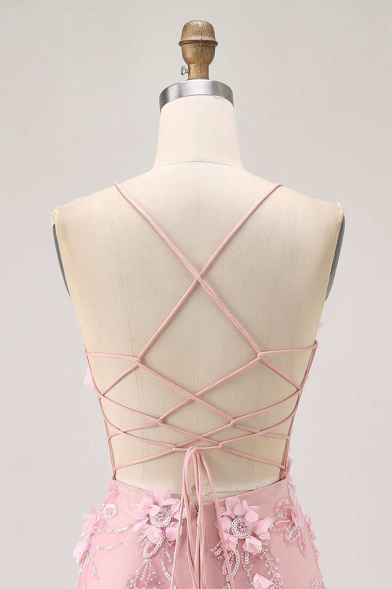 Laden Sie das Bild in den Galerie-Viewer, Blaues Bodycon Korsett Pailletten Kurzes Abiballkleid mit 3D-Blumen