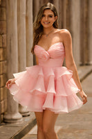 Laden Sie das Bild in den Galerie-Viewer, Blush A-Linie Trägerloses Gestuftes Cocktailkleid mit 3D-Blumen