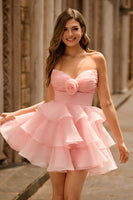 Laden Sie das Bild in den Galerie-Viewer, Blush A-Linie Trägerloses Gestuftes Cocktailkleid mit 3D-Blumen