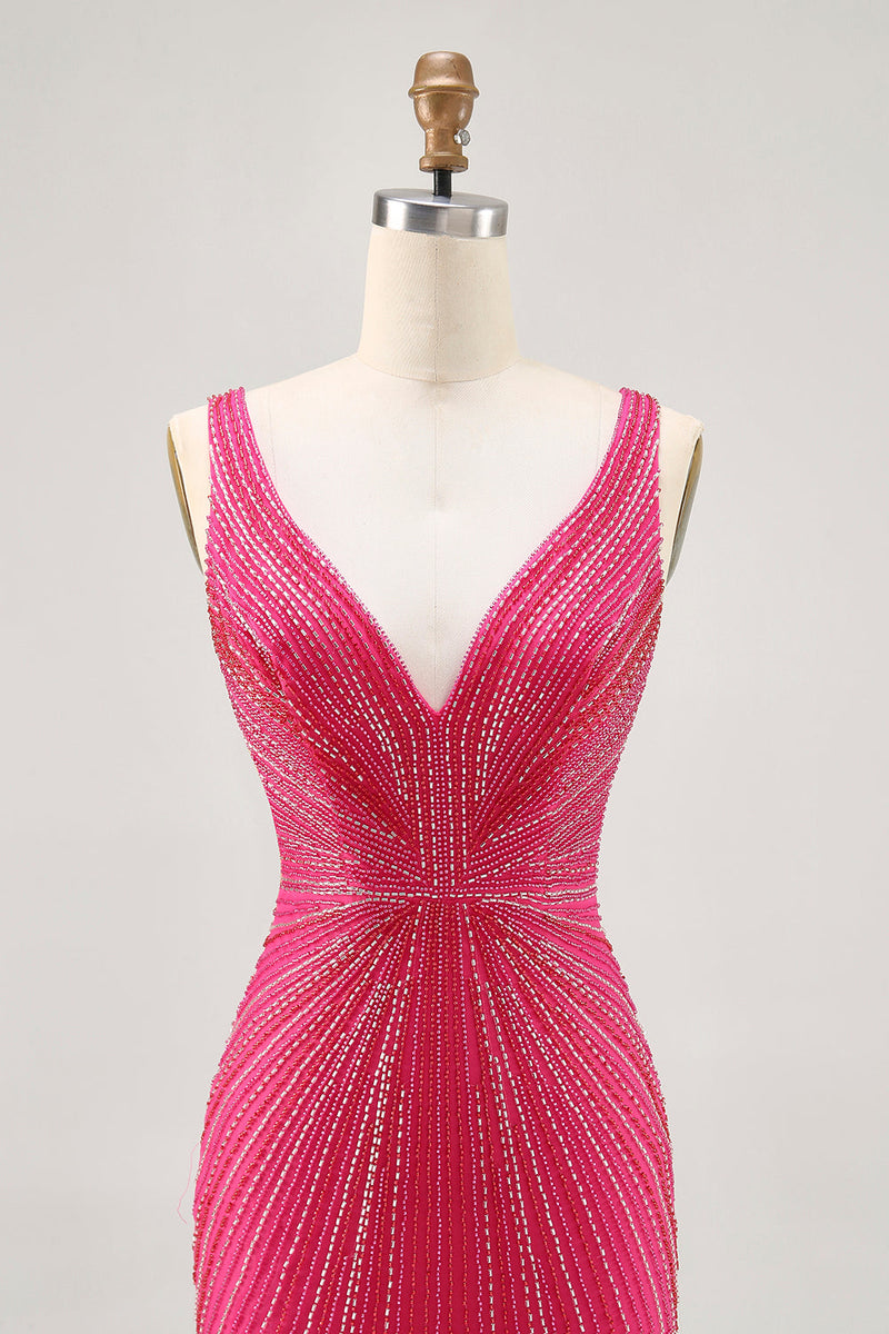 Laden Sie das Bild in den Galerie-Viewer, Fuchsia Bodycon Kurzes Abiballkleid mit V-Ausschnitt