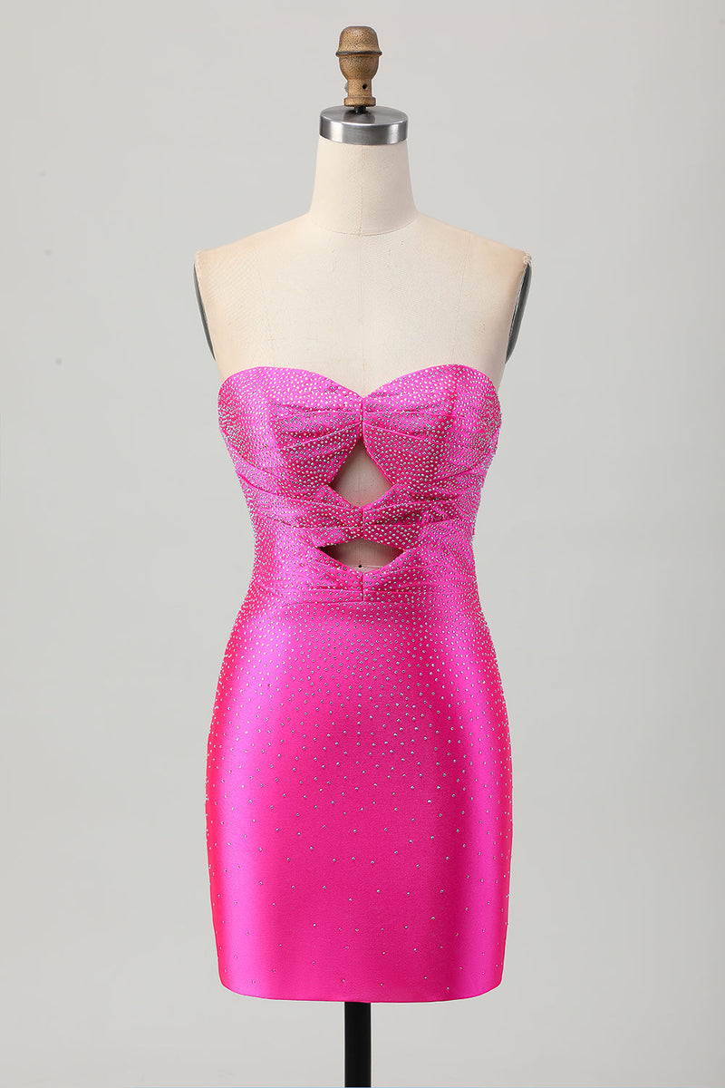 Laden Sie das Bild in den Galerie-Viewer, Fuchsia Trägerloses Bodycon Cocktailkleid mit Perlen und Herzausschnitt