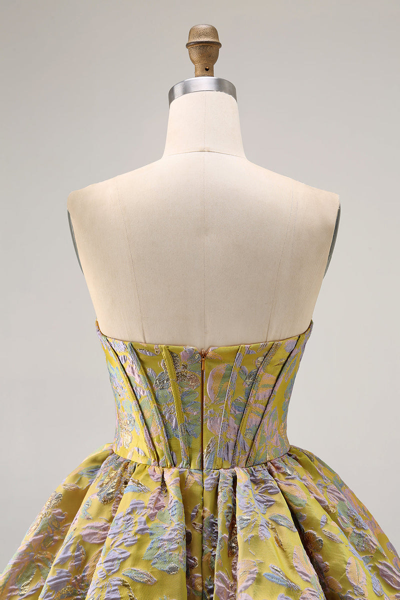 Laden Sie das Bild in den Galerie-Viewer, Lila Trägerloses Korsett Mini A-Linie Cocktailkleid mit Blasensaum