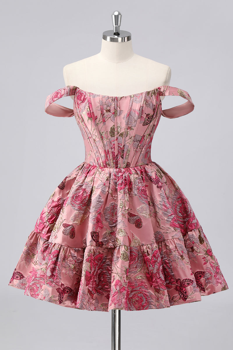 Laden Sie das Bild in den Galerie-Viewer, Dunkelgrünes A-Linie Schulterfreies Cocktailkleid mit Blumenmuster