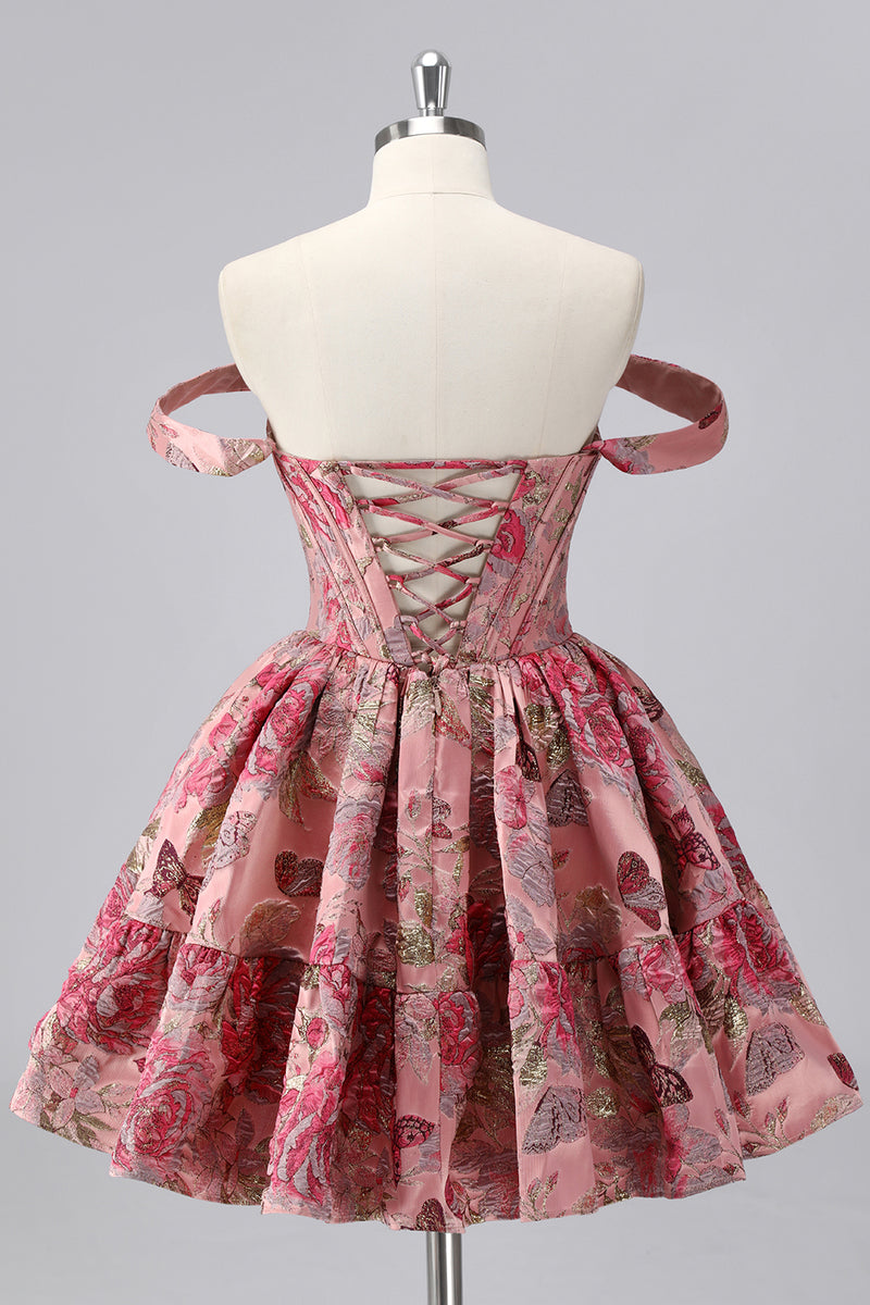 Laden Sie das Bild in den Galerie-Viewer, Dunkelgrünes A-Linie Schulterfreies Cocktailkleid mit Blumenmuster