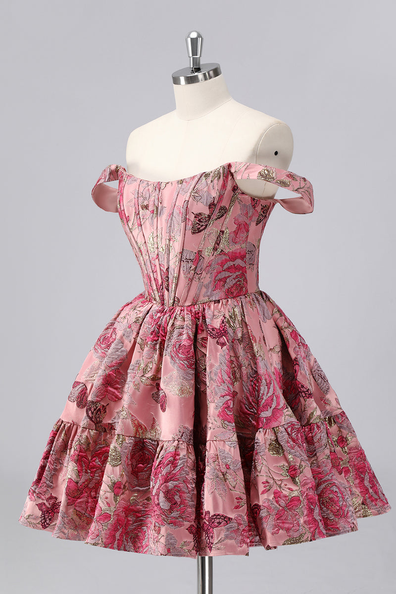 Laden Sie das Bild in den Galerie-Viewer, Dunkelgrünes A-Linie Schulterfreies Cocktailkleid mit Blumenmuster