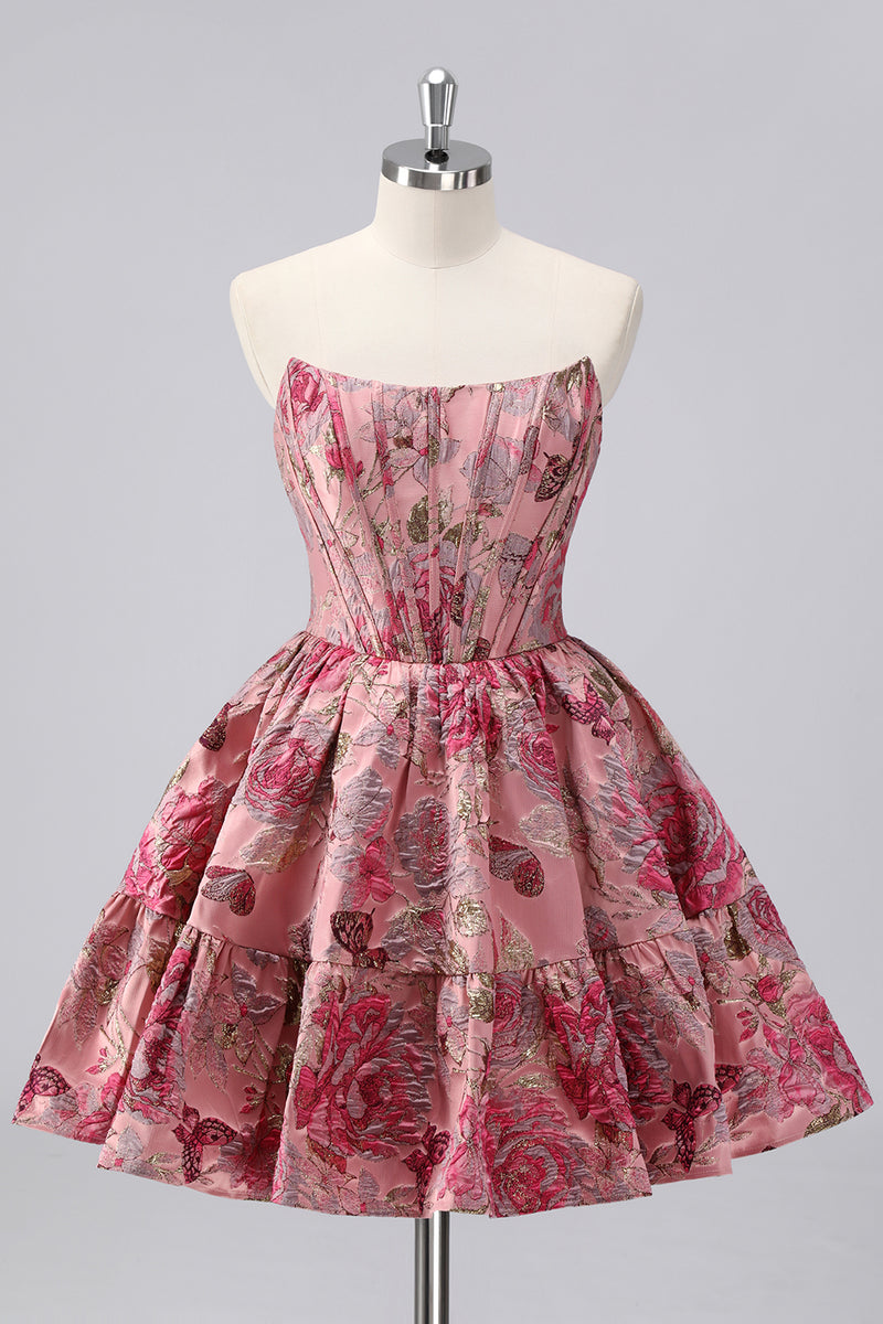 Laden Sie das Bild in den Galerie-Viewer, Dunkelgrünes A-Linie Schulterfreies Cocktailkleid mit Blumenmuster