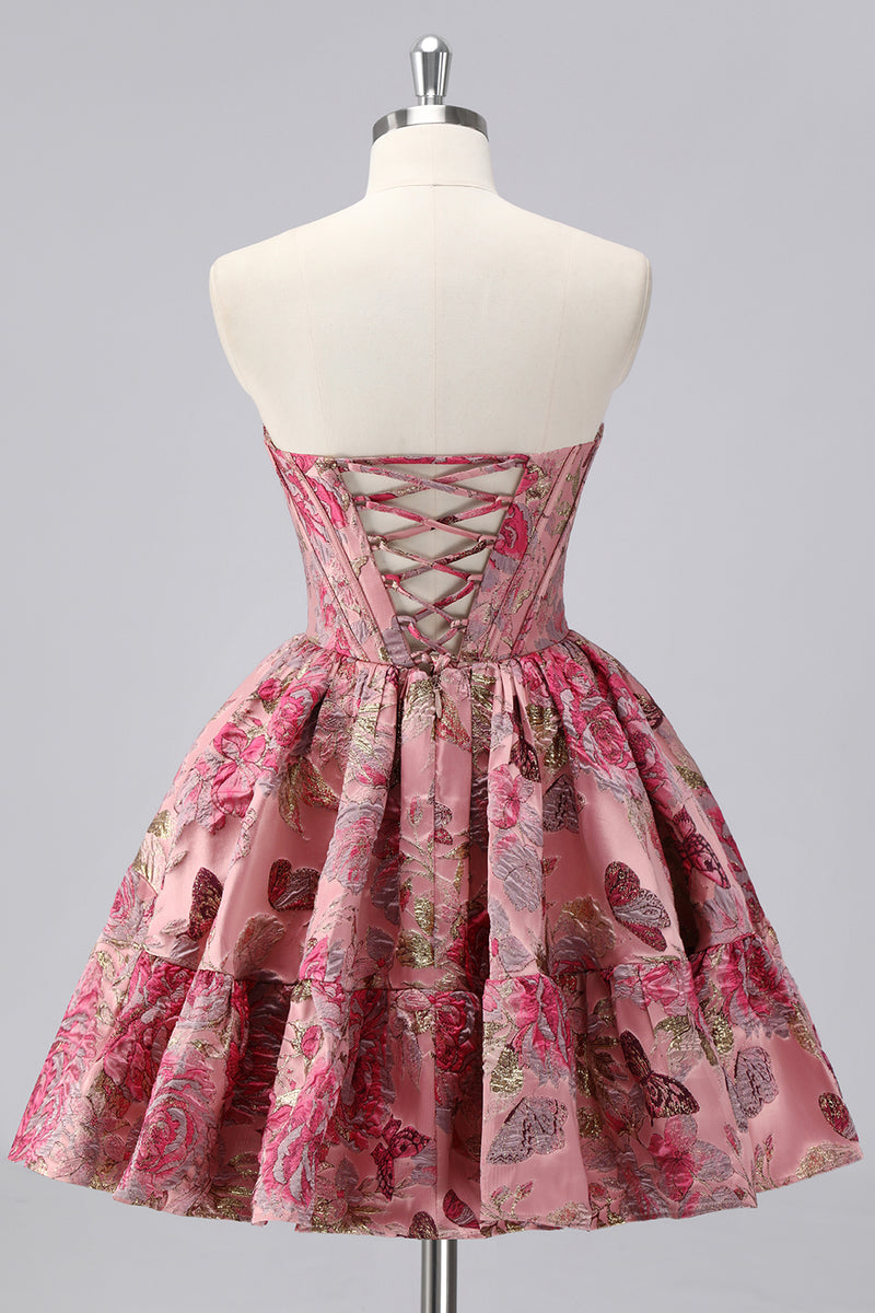 Laden Sie das Bild in den Galerie-Viewer, Dunkelgrünes A-Linie Schulterfreies Cocktailkleid mit Blumenmuster