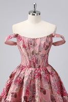 Laden Sie das Bild in den Galerie-Viewer, Dunkelgrünes A-Linie Schulterfreies Cocktailkleid mit Blumenmuster