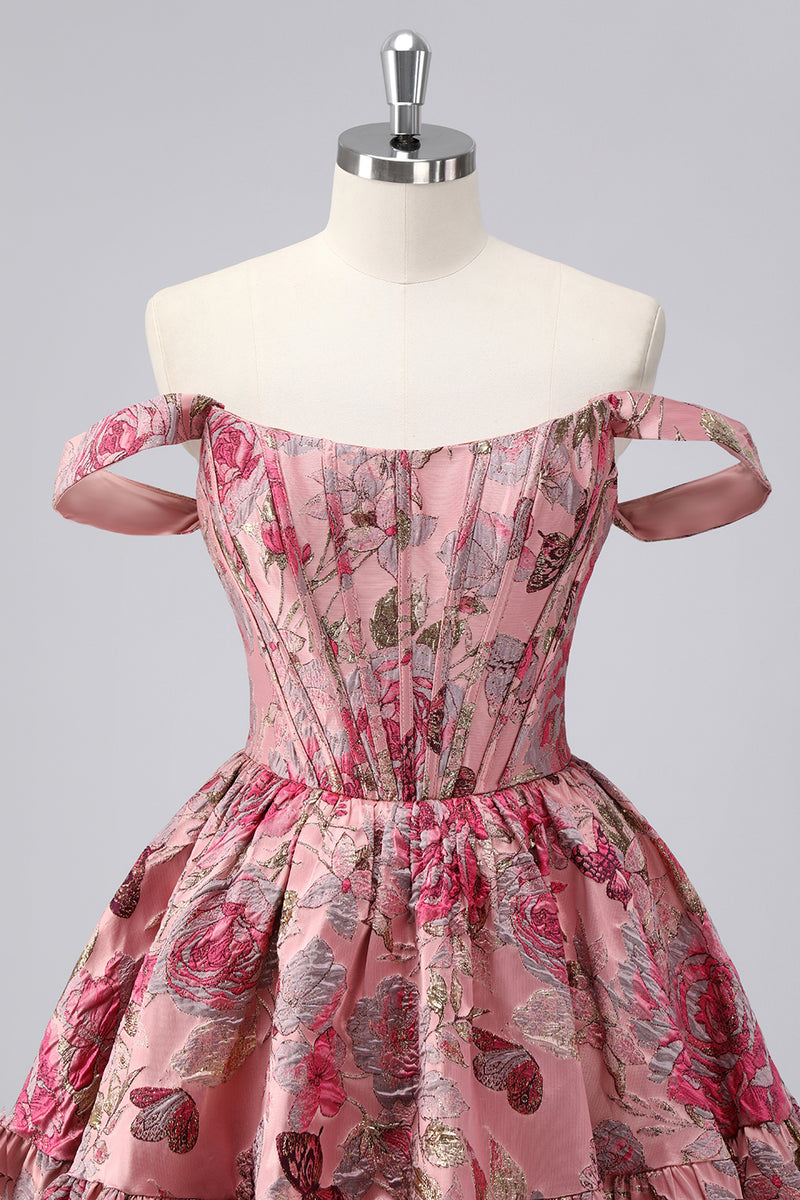 Laden Sie das Bild in den Galerie-Viewer, Dunkelgrünes A-Linie Schulterfreies Cocktailkleid mit Blumenmuster