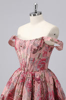 Laden Sie das Bild in den Galerie-Viewer, Dunkelgrünes A-Linie Schulterfreies Cocktailkleid mit Blumenmuster