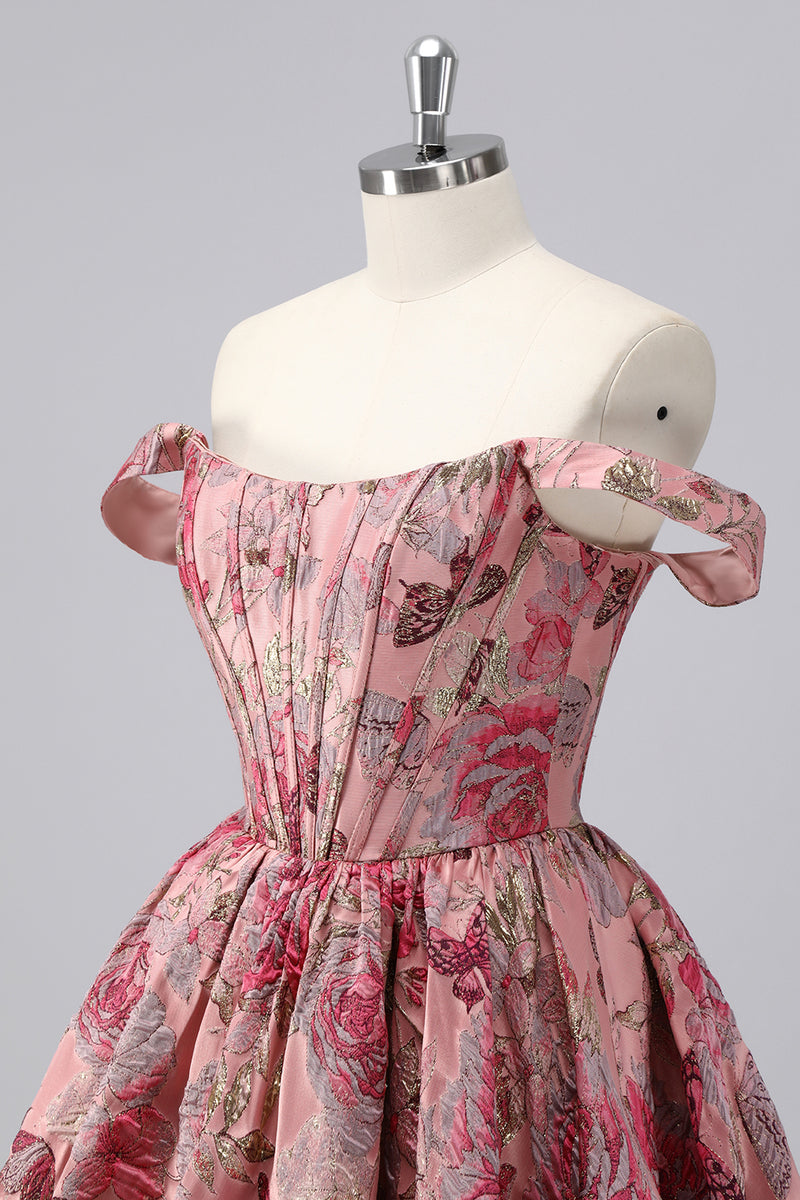 Laden Sie das Bild in den Galerie-Viewer, Dunkelgrünes A-Linie Schulterfreies Cocktailkleid mit Blumenmuster