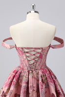 Laden Sie das Bild in den Galerie-Viewer, Dunkelgrünes A-Linie Schulterfreies Cocktailkleid mit Blumenmuster