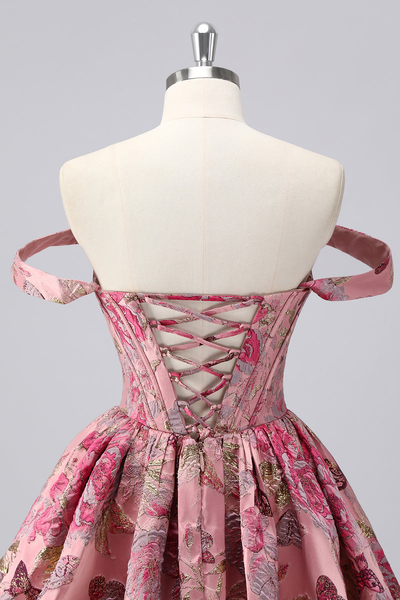 Laden Sie das Bild in den Galerie-Viewer, Dunkelgrünes A-Linie Schulterfreies Cocktailkleid mit Blumenmuster