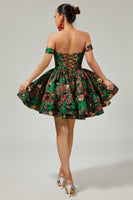 Laden Sie das Bild in den Galerie-Viewer, Dunkelgrünes A-Linie Schulterfreies Cocktailkleid mit Blumenmuster