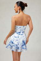 Laden Sie das Bild in den Galerie-Viewer, Weiß Blau Blume Bodycon Trägerloses Bedrucktes Kurzes Cocktailkleid