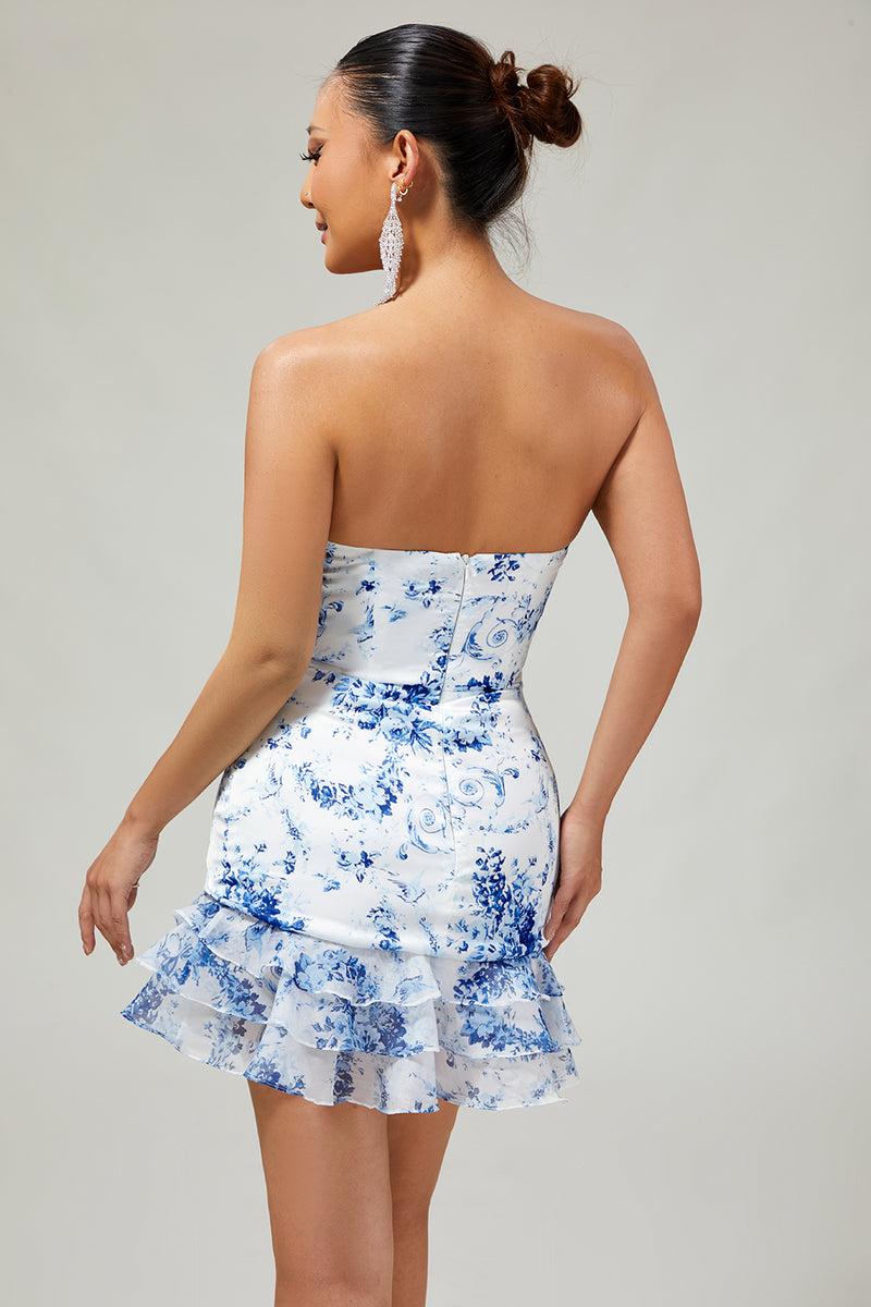 Laden Sie das Bild in den Galerie-Viewer, Weiß Blau Blume Bodycon Trägerloses Bedrucktes Kurzes Cocktailkleid