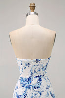 Laden Sie das Bild in den Galerie-Viewer, Weiß Blau Blume Bodycon Trägerloses Bedrucktes Kurzes Cocktailkleid