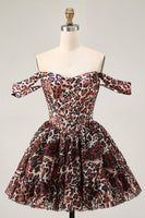 Laden Sie das Bild in den Galerie-Viewer, Khaki Schulterfreies Korsett A-Linie Mini Cocktailkleid mit Leopardenmuster