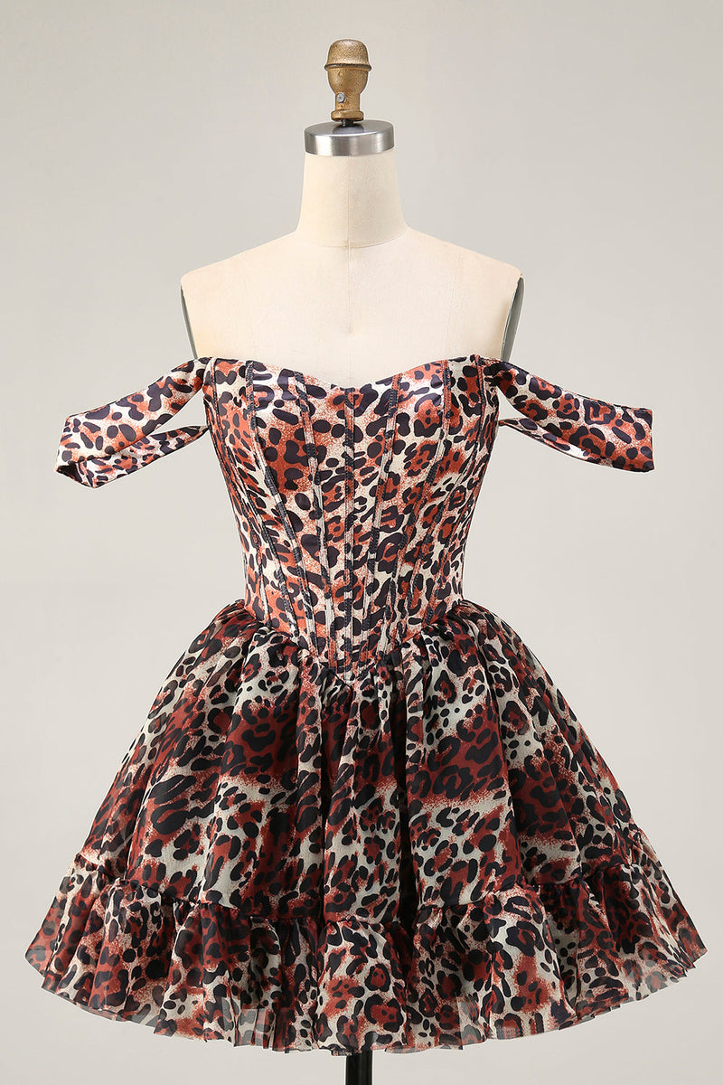 Laden Sie das Bild in den Galerie-Viewer, Khaki Schulterfreies Korsett A-Linie Mini Cocktailkleid mit Leopardenmuster