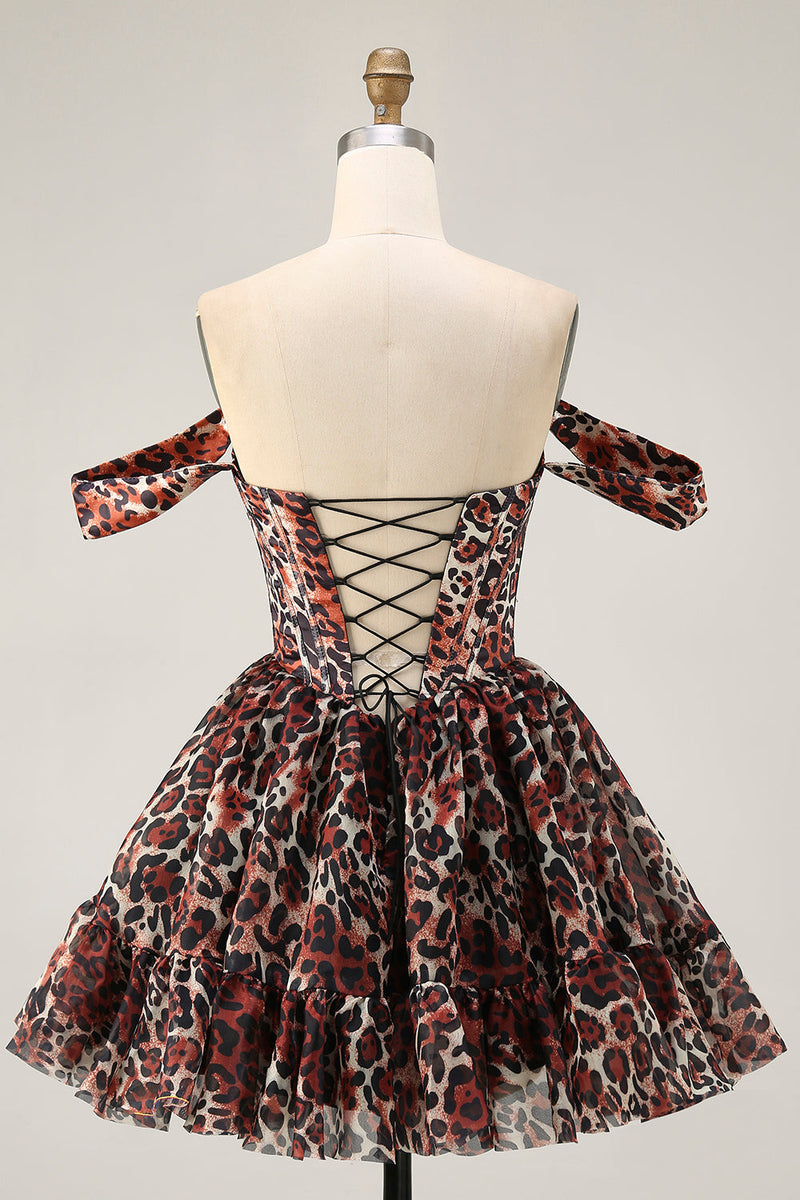 Laden Sie das Bild in den Galerie-Viewer, Khaki Schulterfreies Korsett A-Linie Mini Cocktailkleid mit Leopardenmuster