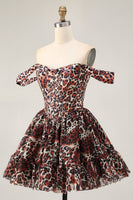 Laden Sie das Bild in den Galerie-Viewer, Khaki Schulterfreies Korsett A-Linie Mini Cocktailkleid mit Leopardenmuster