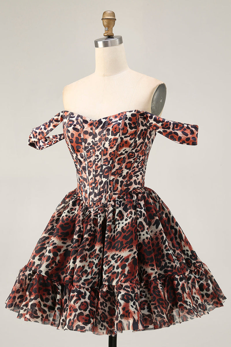 Laden Sie das Bild in den Galerie-Viewer, Khaki Schulterfreies Korsett A-Linie Mini Cocktailkleid mit Leopardenmuster