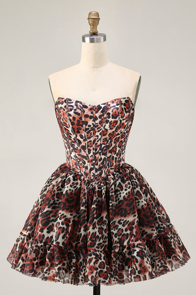 Laden Sie das Bild in den Galerie-Viewer, Khaki Schulterfreies Korsett A-Linie Mini Cocktailkleid mit Leopardenmuster