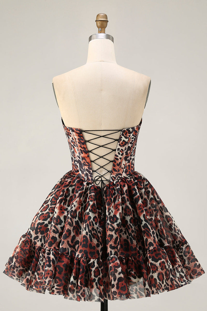 Laden Sie das Bild in den Galerie-Viewer, Khaki Schulterfreies Korsett A-Linie Mini Cocktailkleid mit Leopardenmuster