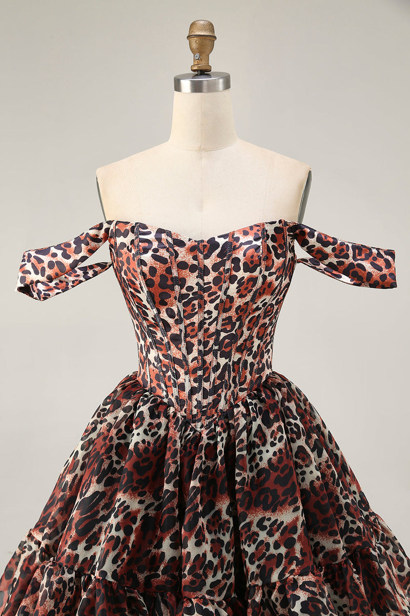 Laden Sie das Bild in den Galerie-Viewer, Khaki Schulterfreies Korsett A-Linie Mini Cocktailkleid mit Leopardenmuster