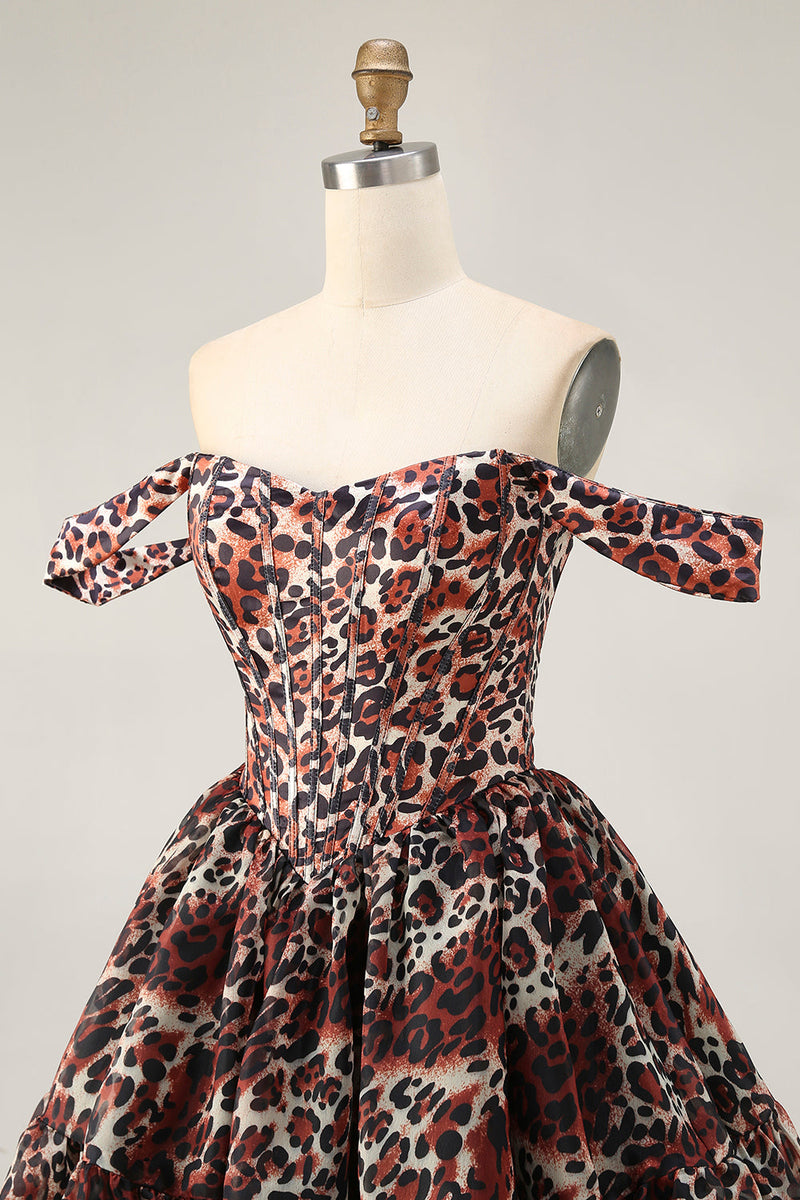 Laden Sie das Bild in den Galerie-Viewer, Khaki Schulterfreies Korsett A-Linie Mini Cocktailkleid mit Leopardenmuster