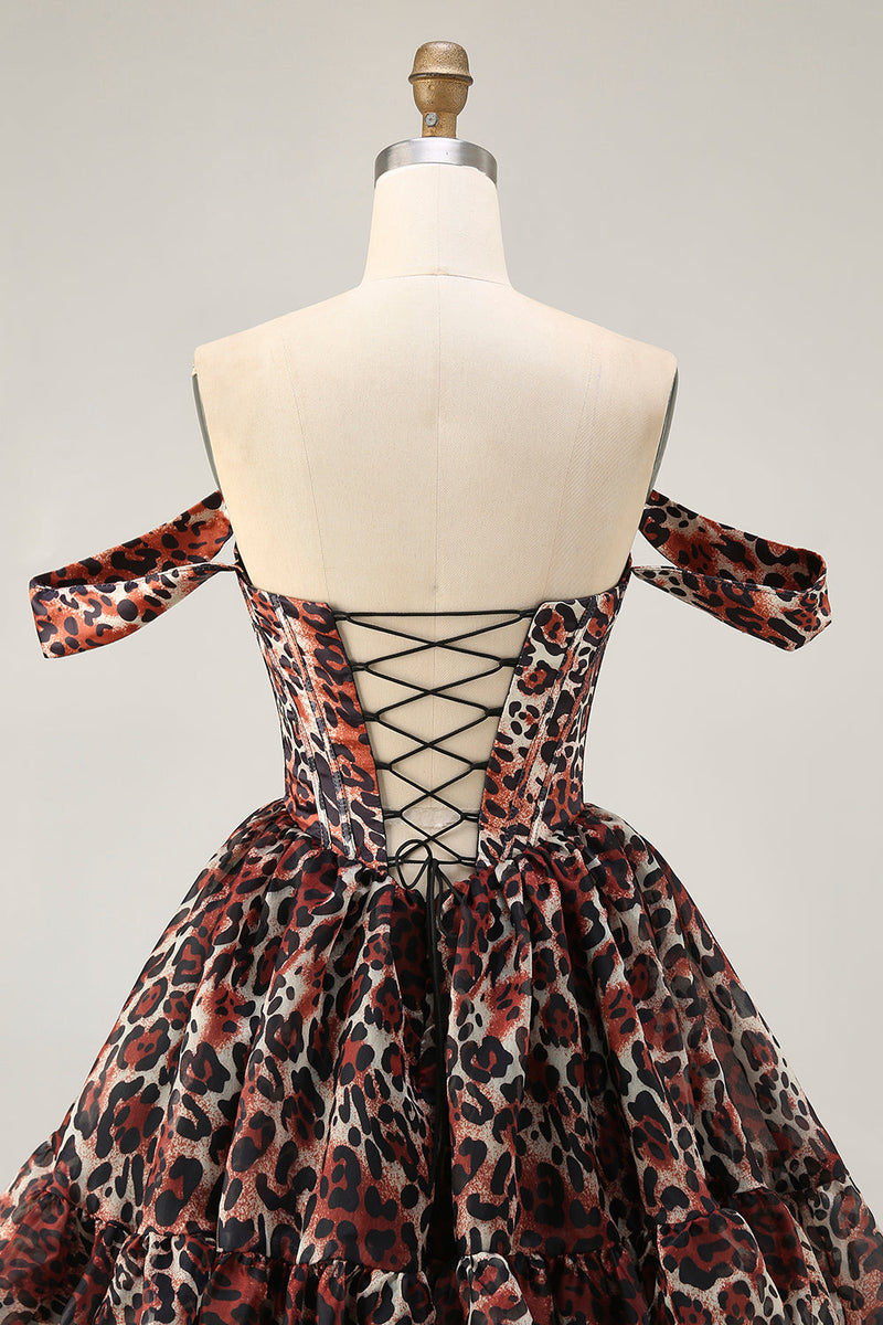 Laden Sie das Bild in den Galerie-Viewer, Khaki Schulterfreies Korsett A-Linie Mini Cocktailkleid mit Leopardenmuster