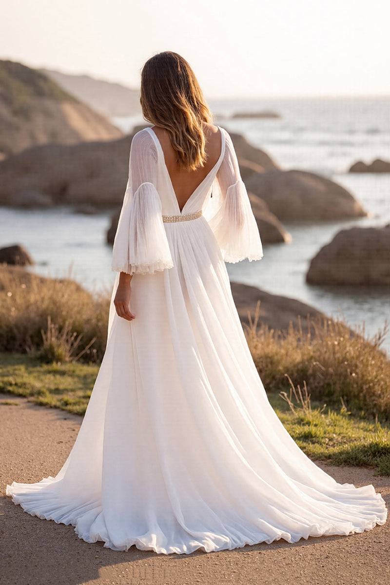 Laden Sie das Bild in den Galerie-Viewer, Weißes A-Linie Brautkleid mit V-Ausschnitt und Schlitz
