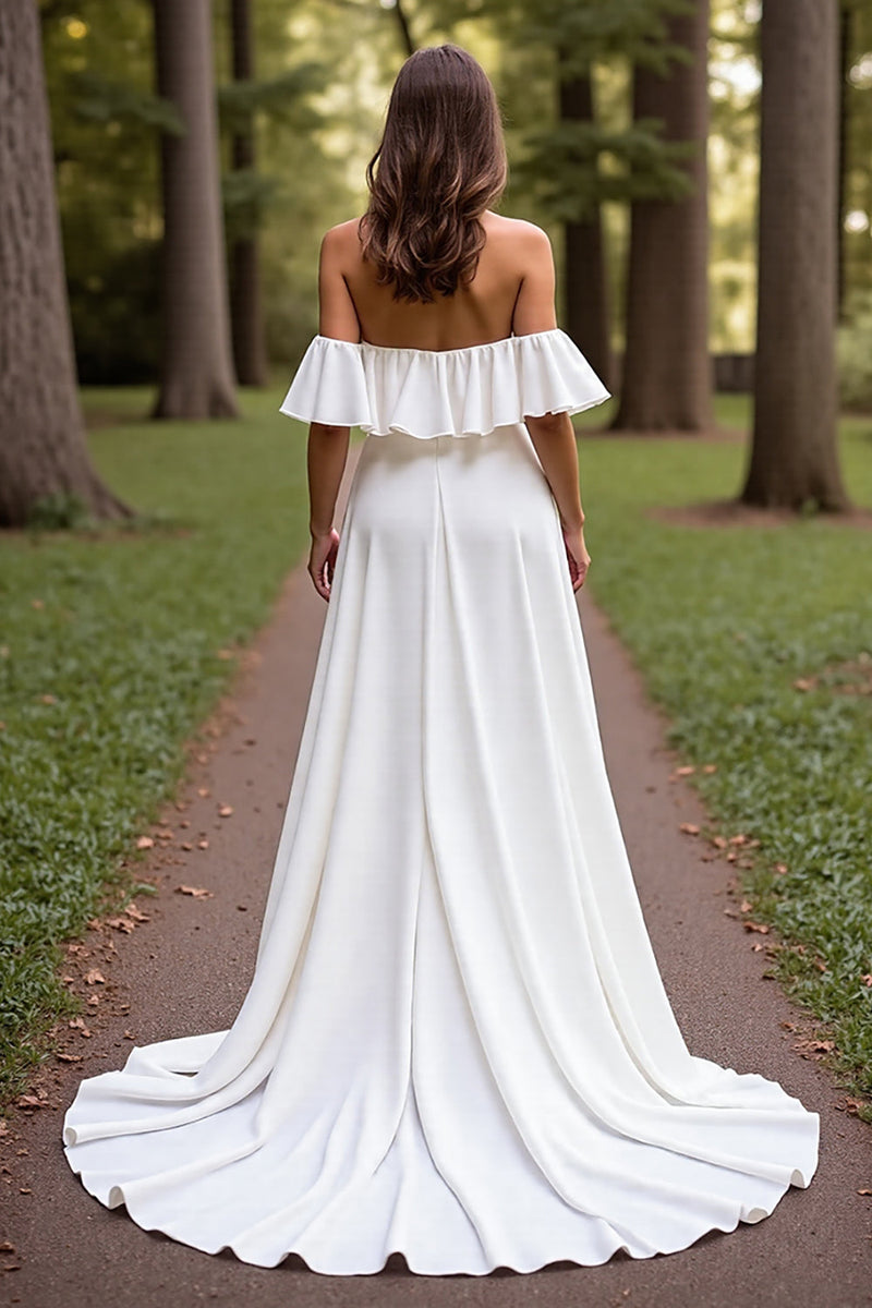Laden Sie das Bild in den Galerie-Viewer, Einfaches A Linie Weißes Brautkleid mit Sweep Schleppe und Rüschen